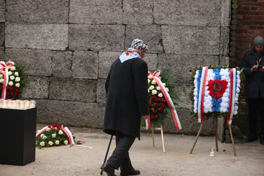 Holokaustą išgyvenę asmenys padėjo gėlių prie Aušvico Mirties sienos