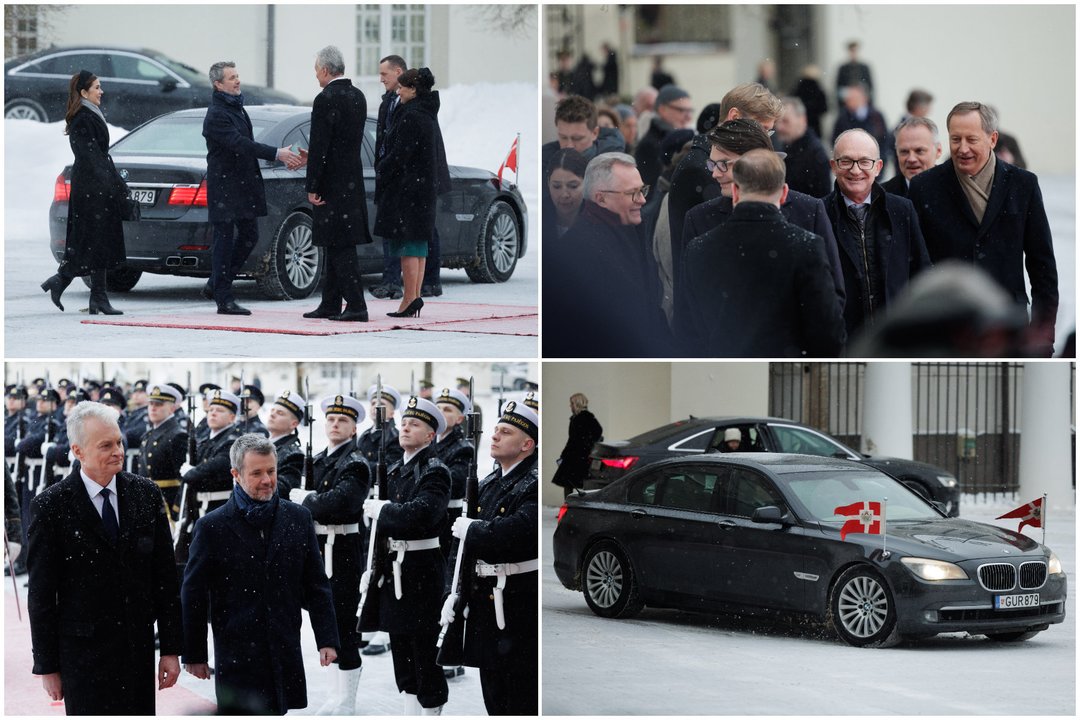 Karališkoji Danijos pora – Prezidentūros kiemelyje: pamatykite iš arti iškilmingą jų sutikimo ceremoniją<br>Lrytas koliažas