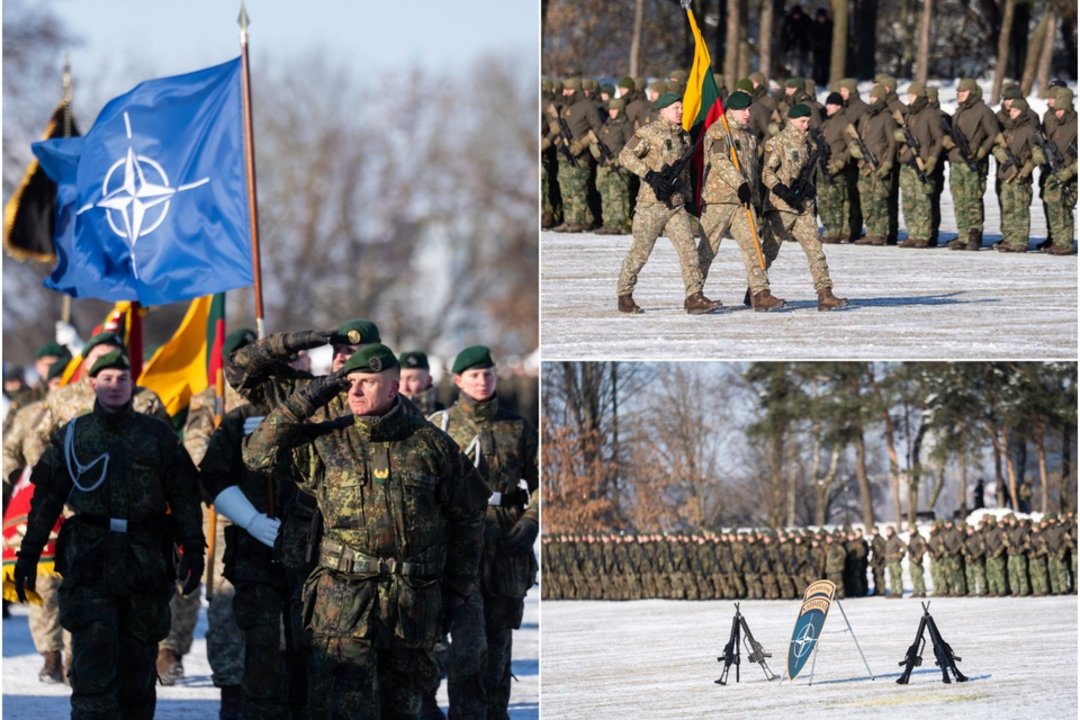 NATO daugianacionalinės kovinės grupės vadovavimo perdavimo ceremonija.<br> Lrytas koliažas.