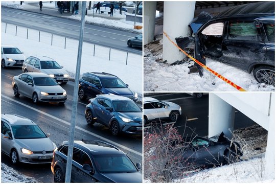 Trijų automobilių susidūrimas Vilniuje: sužeisti 2 žmonės, girto vairuotojo „Porsche“ galutinai sudužo į viaduko atramas