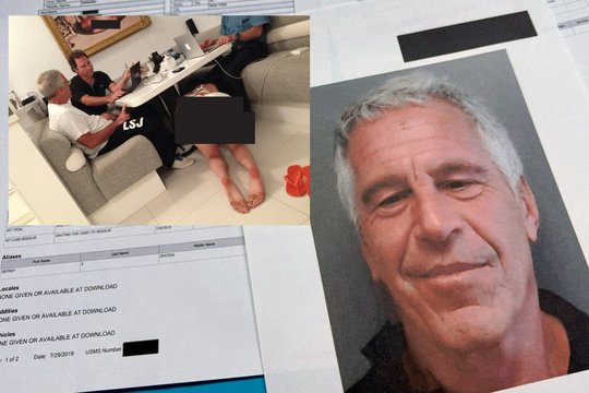 Pribloškiantis kadras iš J. Epsteino failo: po stalu – moteris ant kelių, ant sienos – keistas paveikslas