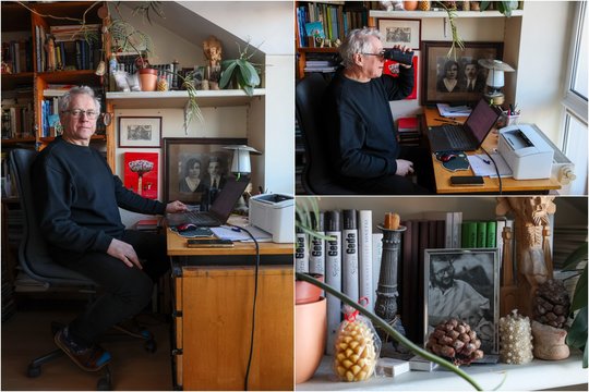 Alvydas Šlepikas rašo prie legendinio poeto Sigito Gedos stalo