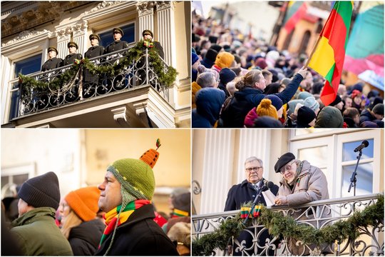 Trispalvių jūra Pilies gatvėje: patriotiškų nuotaikų vedini tautiečiai susibūrė prie Signatarų namų