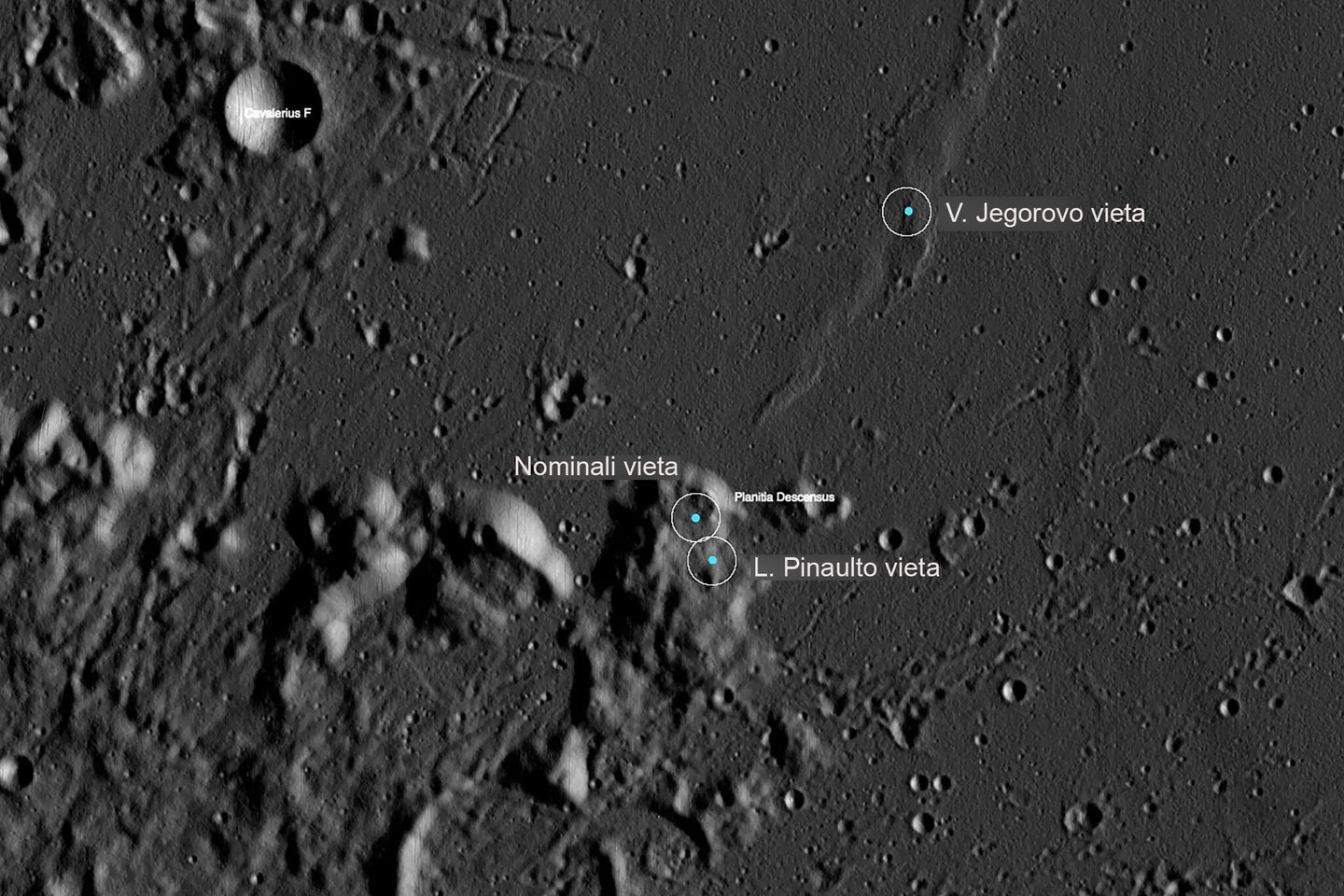 Abiejų vietų žemėlapis, pateiktas Jeffrey Plescia.<br> NASA/GSFC/Intuitive Machines/Johns Hopkins University Applied Physics Laboratory iliustr.