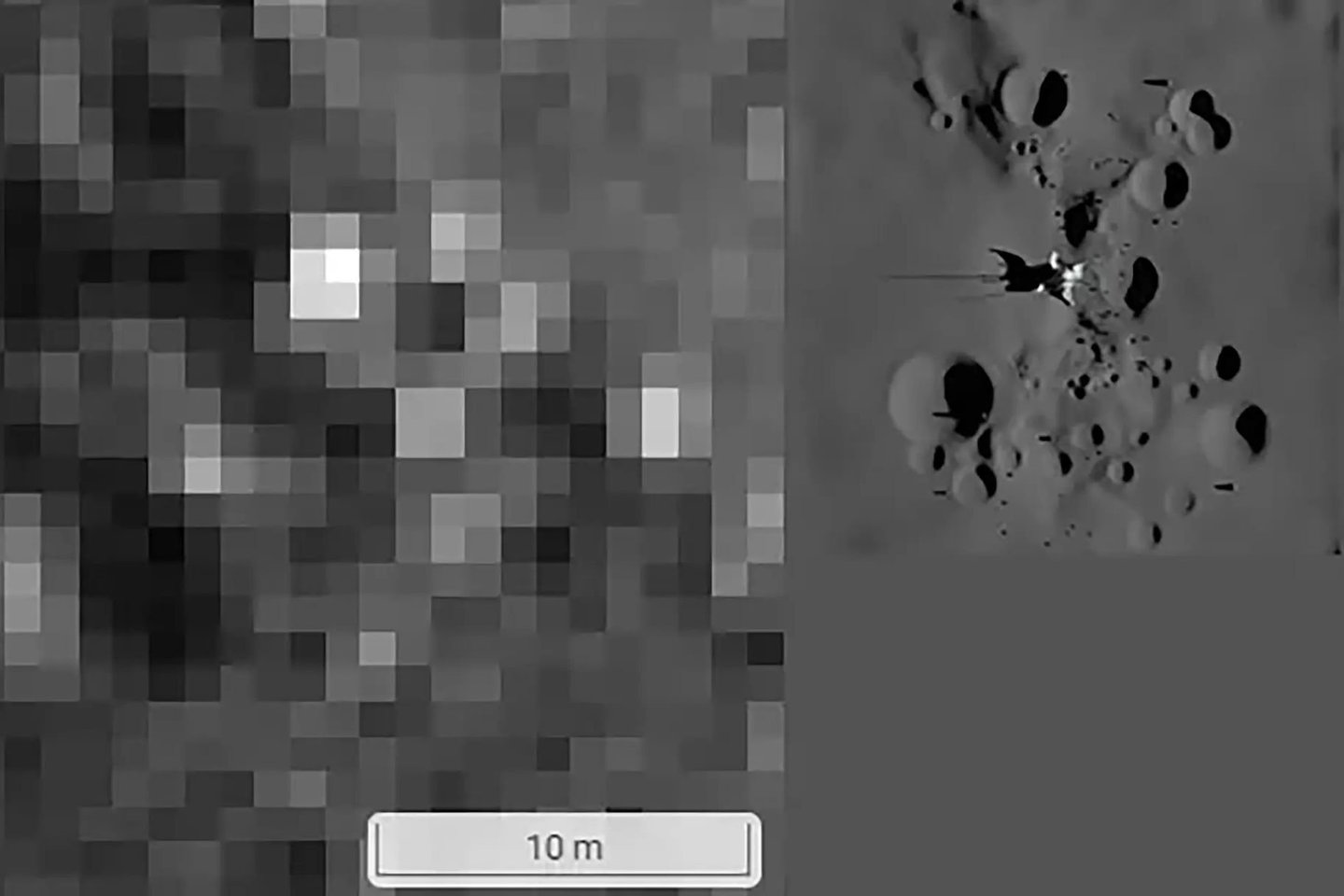 Vitalijaus Jegorovo vieta LROC užfiksuotame vaizde, kairėje, ir trimatė „Luna 9” vietos rekonstrukcija dešinėje.<br> NASA/GSFC / Arizonos universiteto / АН СССР / A. Larino /V. Jegorovo iliustr.