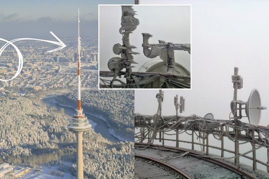 Parodė, kaip žiemą atrodo televizijos bokšto viršus: gali prišalti net kelios tonos ledo