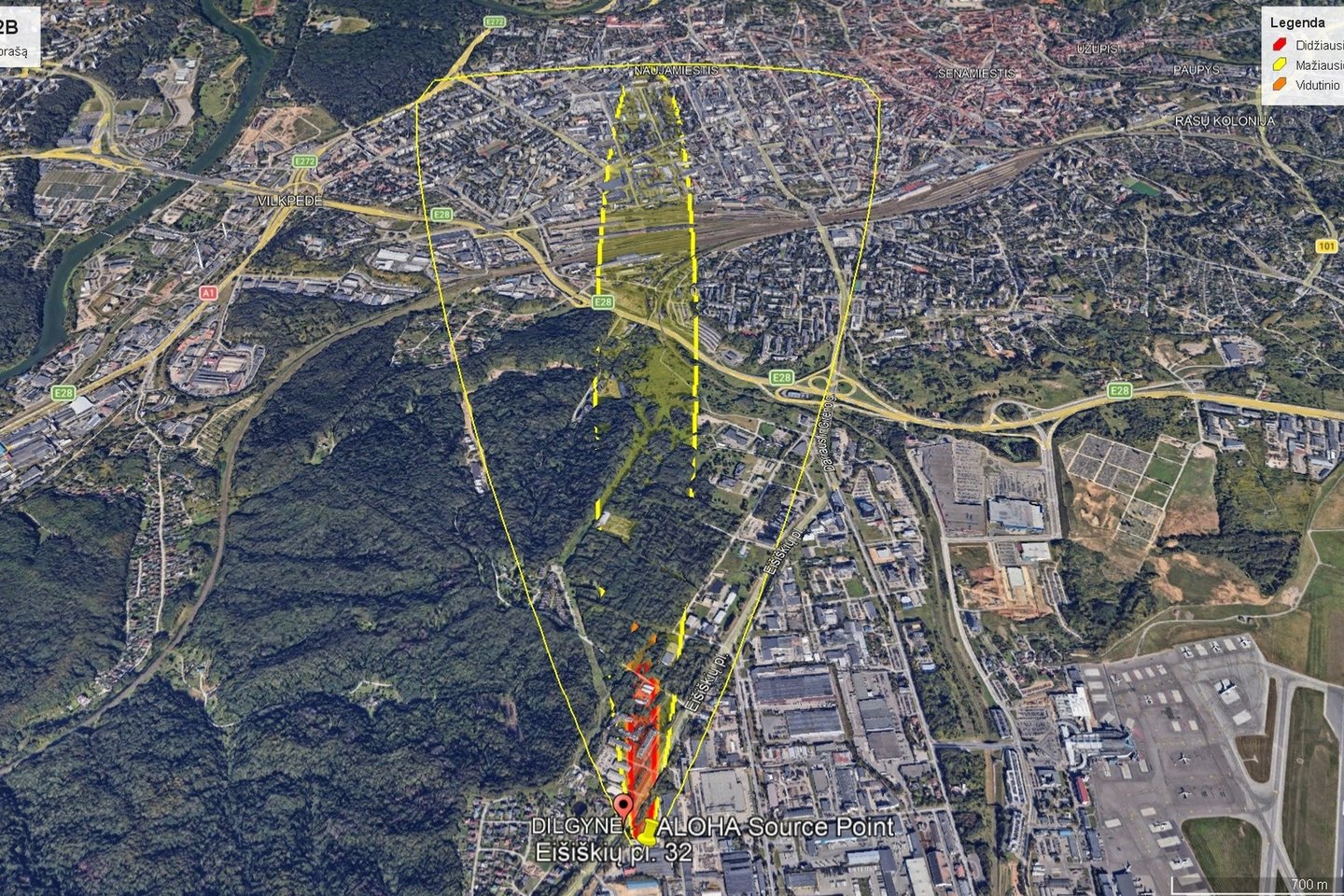 Potencialiai reikšmingo poveikio zonos: raudona zona (čia didžiausia tikimybė, kad bus viršytos oro užterštumo normos ir yra pavojus žmonių sveikatai) gali siekti iki 0,7 km nuo gaisro židinio; oranžinė (didelio poveikio, išlieka tikimybė, kad gali būti viršytos oro užterštumo normos, jaučiamas kvapas) zona – 0,9 km nuo gaisro židinio; geltona (mažiau pavojinga zona, teršalų koncentracija gali būti padidėjusi, tačiau normų viršijimo tikimybė maža) – 4,3 km nuo gaisro.<br>AAA iliustracija.