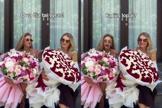 Vos glėbyje telpančią puokštę gavusi K. Meseguer rėžė vyrams: „Ką jūs, lopai?“
