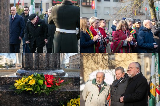 Šventinę dieną – iškilminga akimirka: užfiksavo gėlių padėjimo ceremoniją prie Kovo 11-ajai skirto paminklo