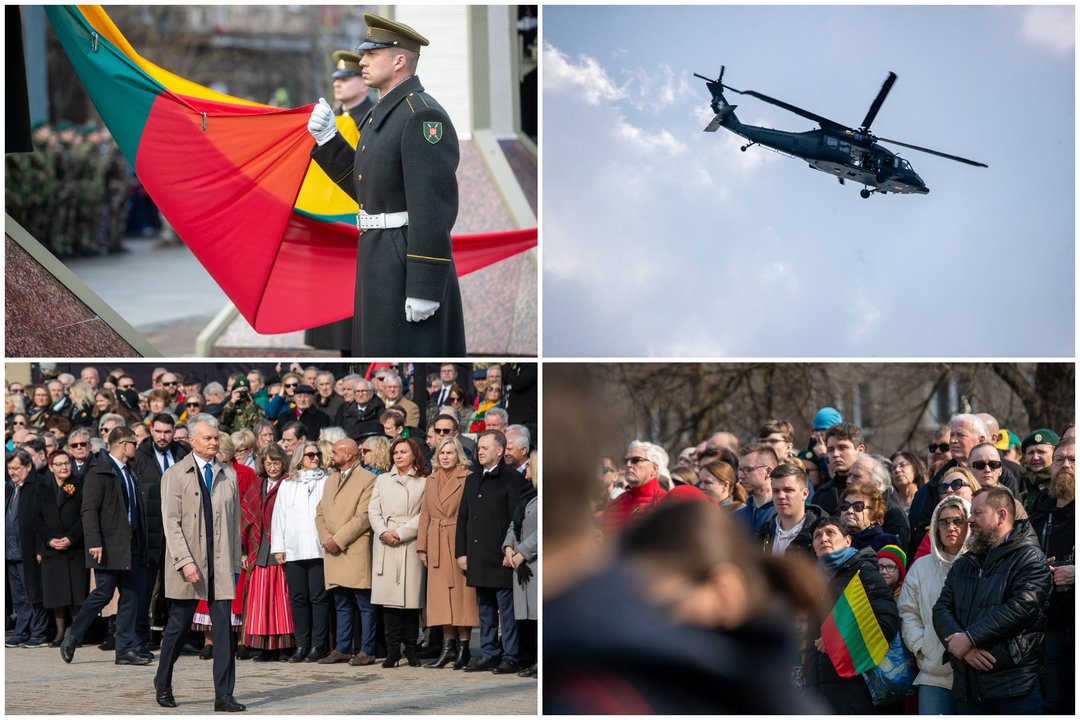 Nepriklausomybės aikštėje Vilniuje – iškilminga trijų Baltijos valstybių vėliavų pakėlimo ceremonija<br>Lrytas koliažas