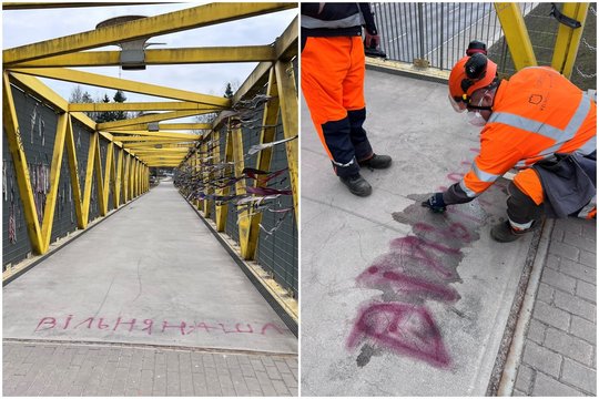Ant pėsčiųjų tilto Vilniuje vėl buvo atsiradęs baltarusiškas užrašas – antras per kelias pastarąsias dienas