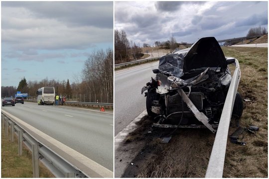 Greitkelyje greta Vilniaus susidūrė autobusas ir BMW, vienam žmogui prireikė medikų