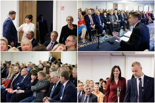 Už uždarų durų vykstantis „socdemų“ posėdis dėl koalicijos: politikų veiduose – šypsenos, bet iš kišenių surinkti telefonai