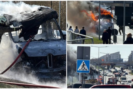 Vilniuje užfiksuotas liepsnose skęstantis krovininis mikroautobusas: susidarė eismo spūstys