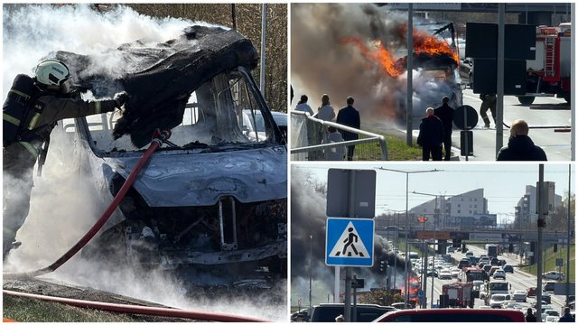 Vilniuje užfiksuotas liepsnose skęstantis krovininis mikroautobusas: susidarė eismo spūstys