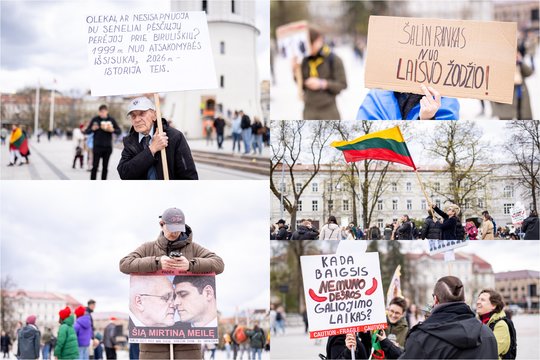 Vilniaus širdyje – protestas už laisvą žodį: daug ką pasakantys plakatai ir skambūs šūkiai