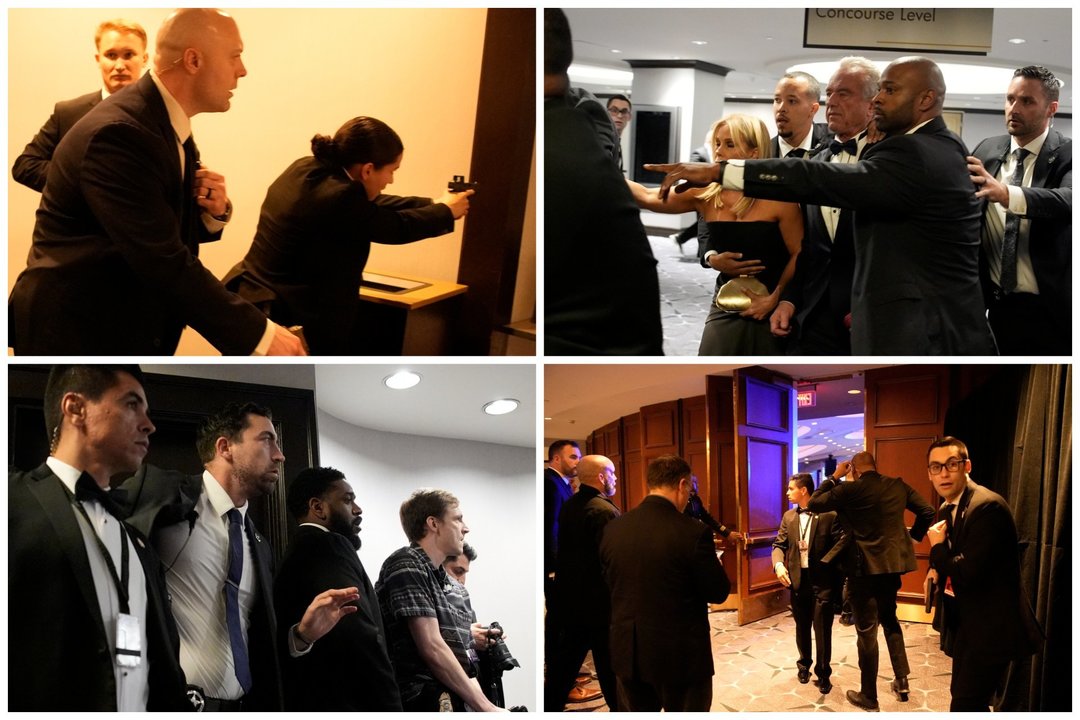  Kasmetinis Baltųjų rūmų pokylis, skirtas Baltųjų rūmų žurnalistams pagerbti. Vaizdai – po šūvių.<br> Lrytas koliažas.