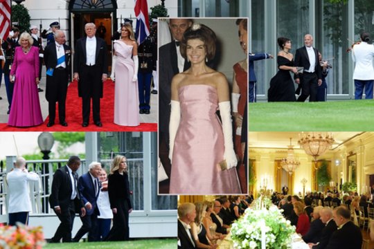 Baltuosiuose rūmuose – D. Trumpo puota karaliams su garsenybėmis: išsipuošusi M. Trump jau lyginima su legendine ikona