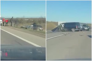 Ankstų ketvirtadienio rytą po susidūrimo su mikroautobusu greta Vilniaus nuo kelio nuskriejo BMW