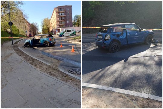 Girtas vairuotojas ankstų sekmadienio rytą Vilniaus centre į stulpą sudaužė „Spark“ elektromobilį