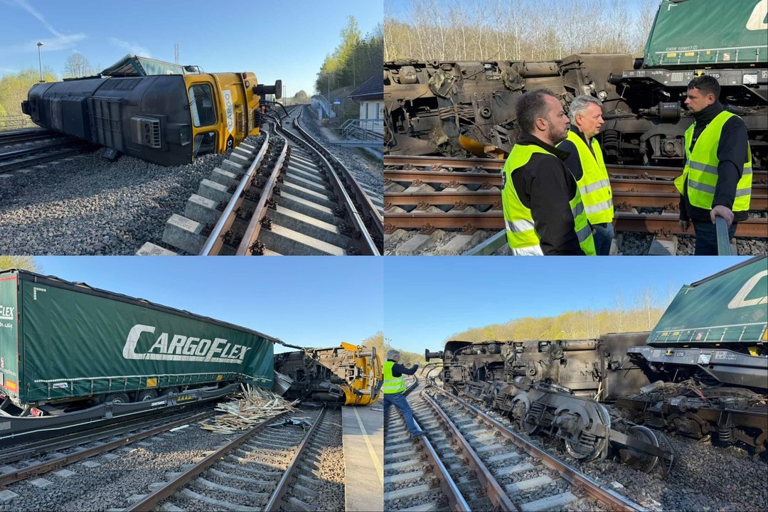  Kauno rajone esančioje Jiesioje nuo 1435 mm vėžės nuriedėjo iš Diuisburgo (Vokietija) važiavęs lokomotyvas ir 4 krovininiai vagonai.<br> T. Bauro nuotr.