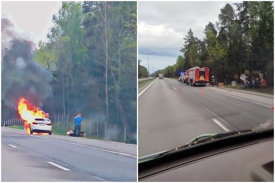 Autostradoje tarp Kauno ir Vilniaus sudegė automobilis BMW