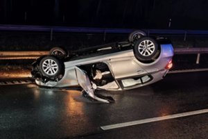 Po susidūrimo su briedžiu magistralėje prie Kauno apsivertė automobilis
