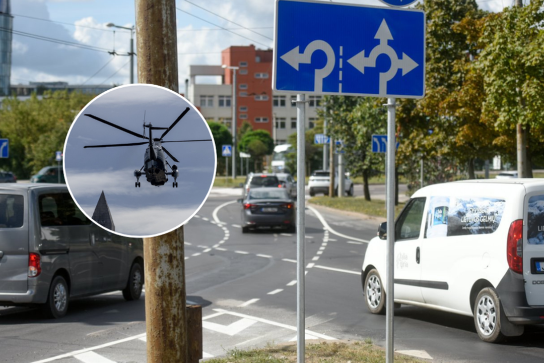 Sostinėje – neįprastas vaizdas: judrioje sankryžoje leidosi sraigtasparnis