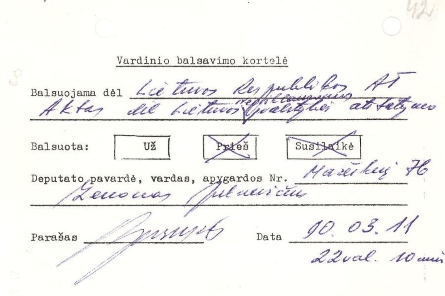 Z. Juknevičiaus balsavimo kortelė. <br> LR Seimo nuotr.