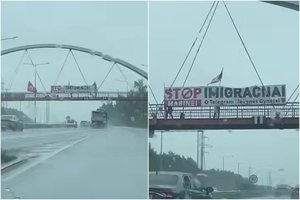 Kaune iškeltas plakatas su užrašu „STOP masinei imigracijai“