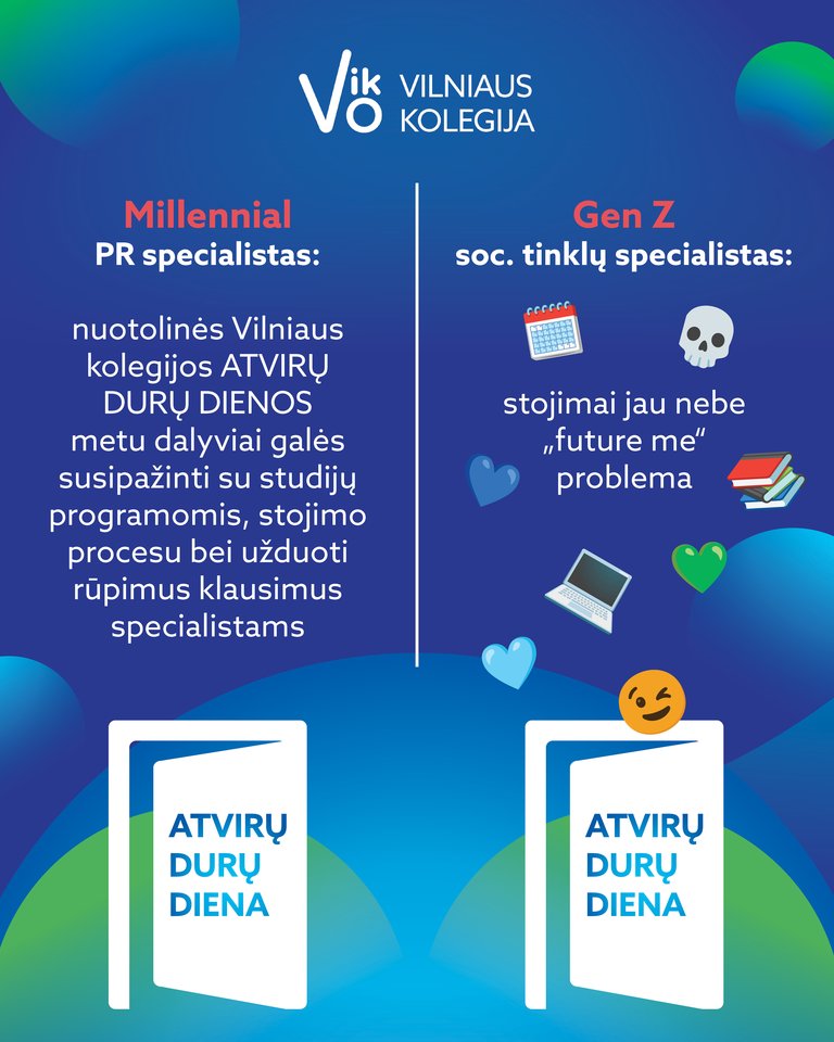 Nuotolinė VIKO Atvirų durų diena moksleiviams, jų tėvams ir mokytojams.<br>Vilniaus kolegijos vizualas.