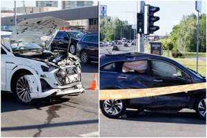 Penktadienis Vilniuje prasidėjo rimta avarija: po elektromobilio smūgio „Honda“ vertėsi ant stogo
