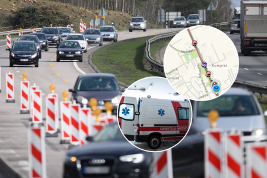 A1 magistralėje formuojasi spūstis – sutrikus vairuotojo sveikatai, jis trenkėsi į atitvarus