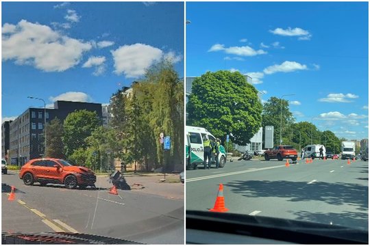 Vilniuje neatidžios vairuotojos „Porsche“ nutrenkė motociklininką – sutriko eismas judrioje gatvėje
