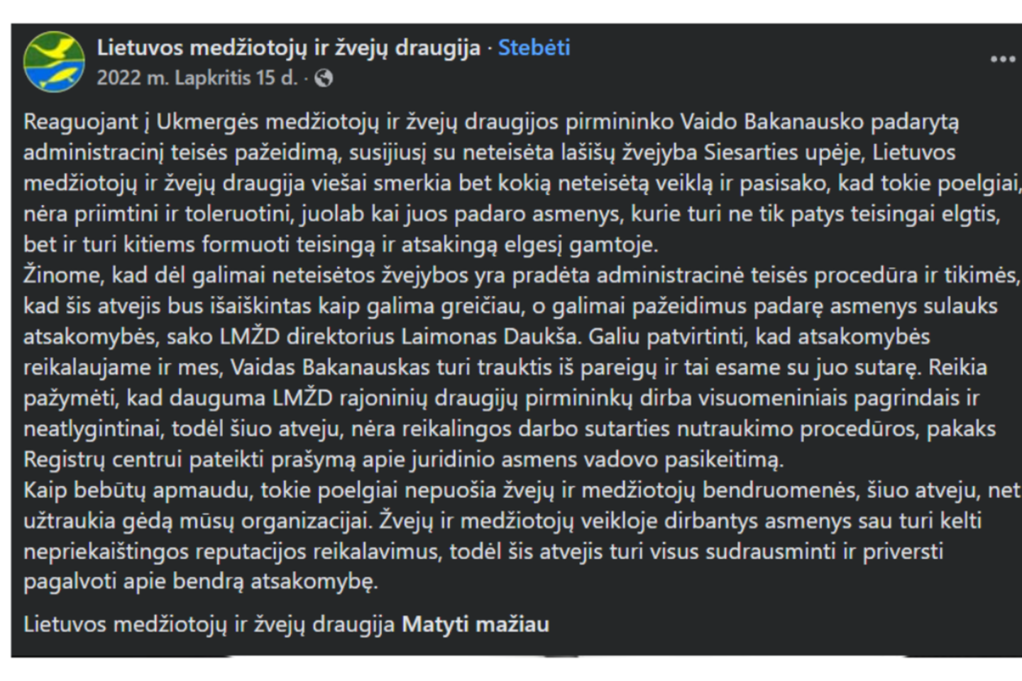 LMŽD pasmerkė tokį V. Bakanausko elgesį.<br>LMŽD feisbuko ekrano kopija.