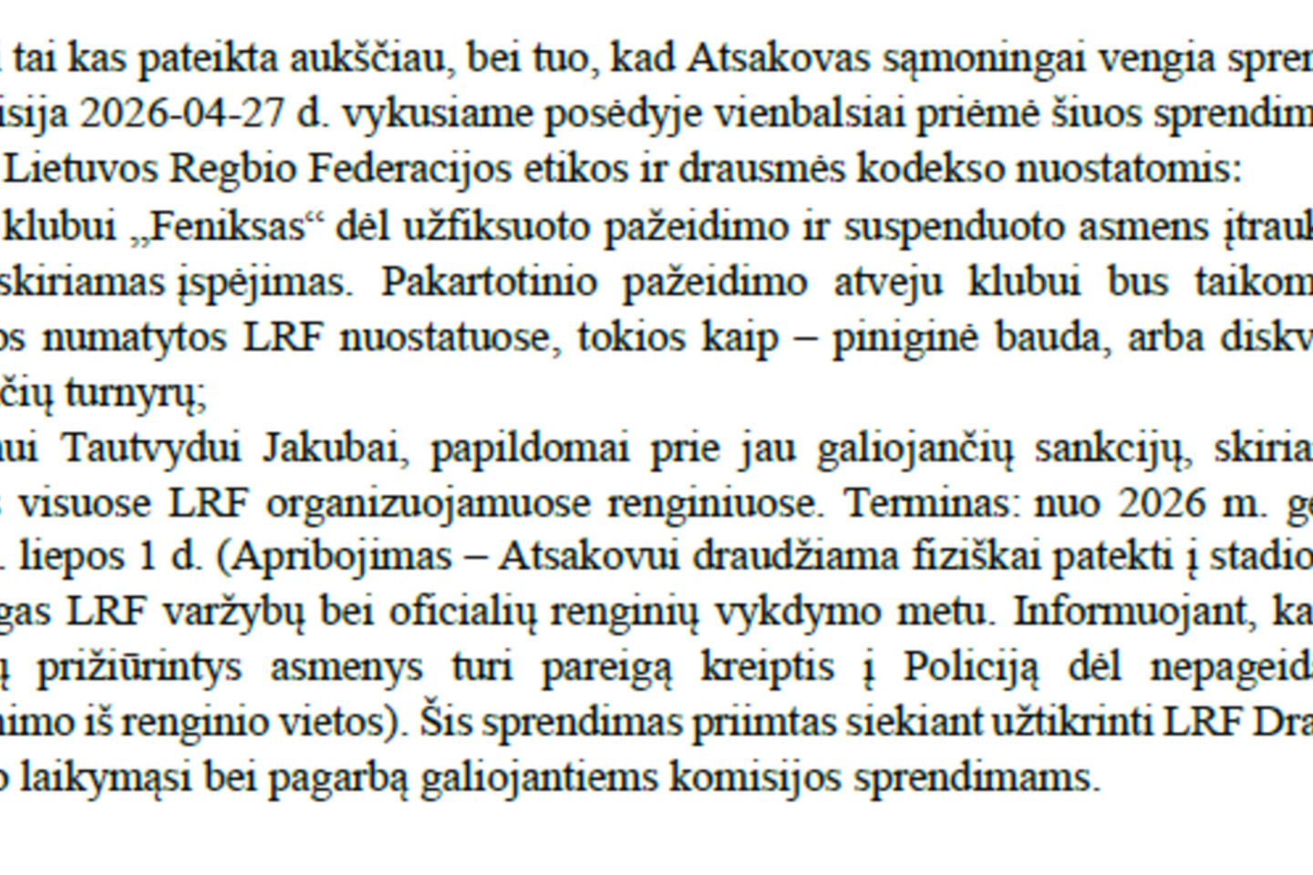 Antras LRF sprendimas K. T. Jakubos atžvilgiu