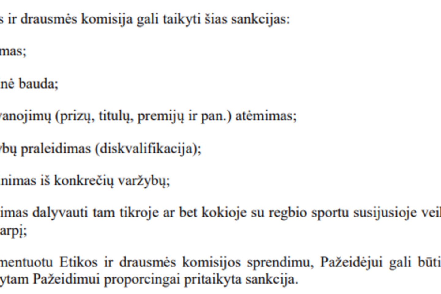 LRF Etikos ir drausmės kodekso nuostatos apie galimas taikyti sankcijas