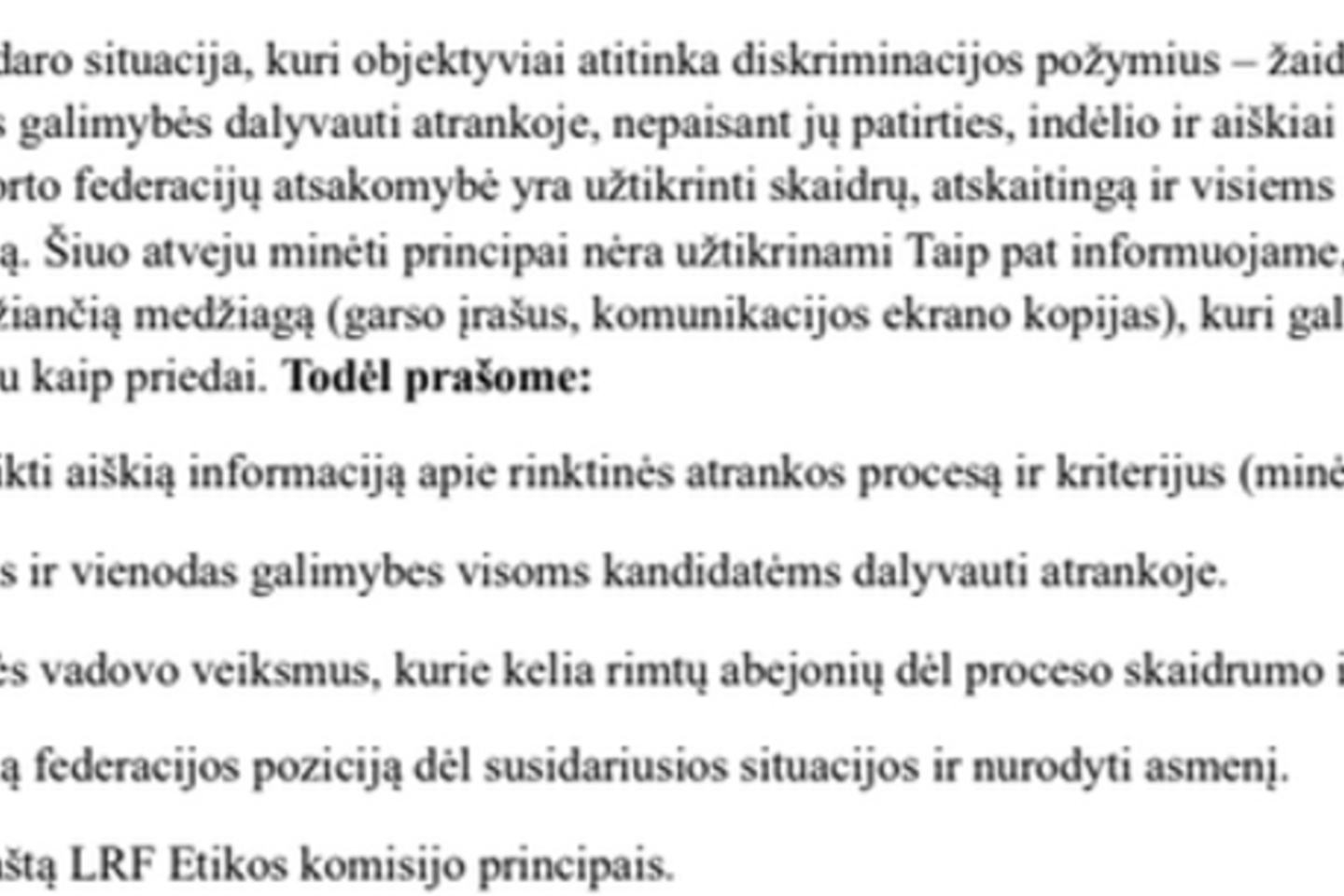 Į LRF išsiųsto prašymo ištrauka