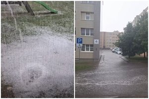 Per Lietuvą slenka audros debesys: gatvės virto upėmis, iškrito kruša