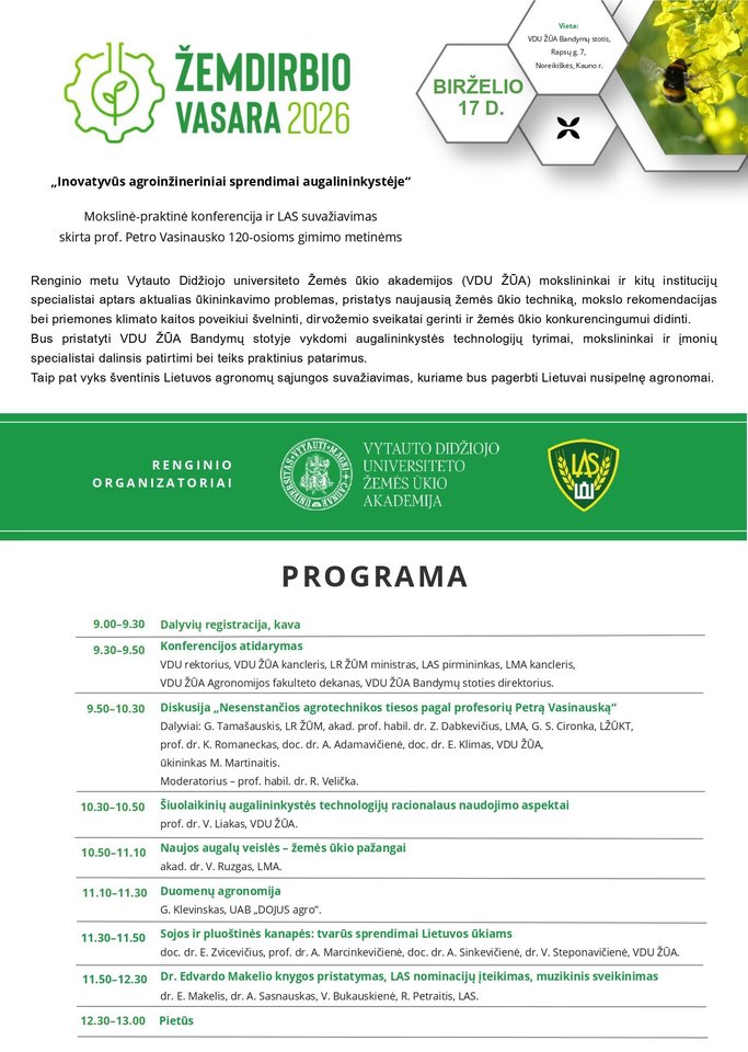 Birželio 17 d. VDU ŽŪA mokslinė-praktinė konferencija „Žemdirbio vasara 2026“.