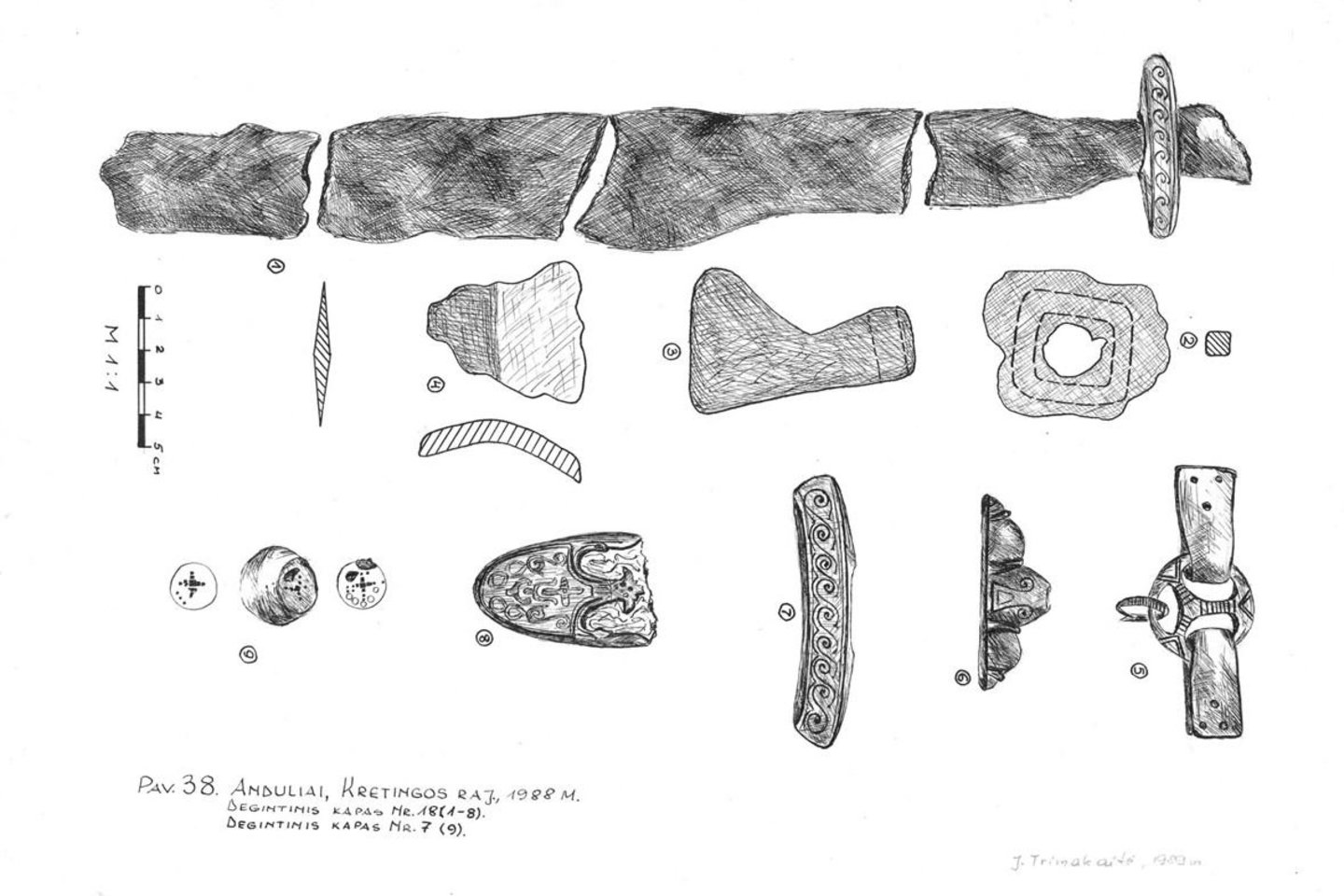 1988 m. vykdytų archeologinių kasinėjimų ataskaitos brėžiniai, kuriuose pavaizduoti šalia Kretingos pilies buvusiame degintiniame kape palaidoto kuršio įkapės.<br>Kretingos muziejaus archyvas