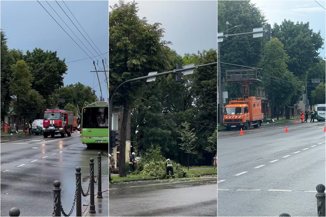 Pro Kauną praslinko audra: judrioje gatvėje – sustojęs viešasis transportas ir vėjo padariniai