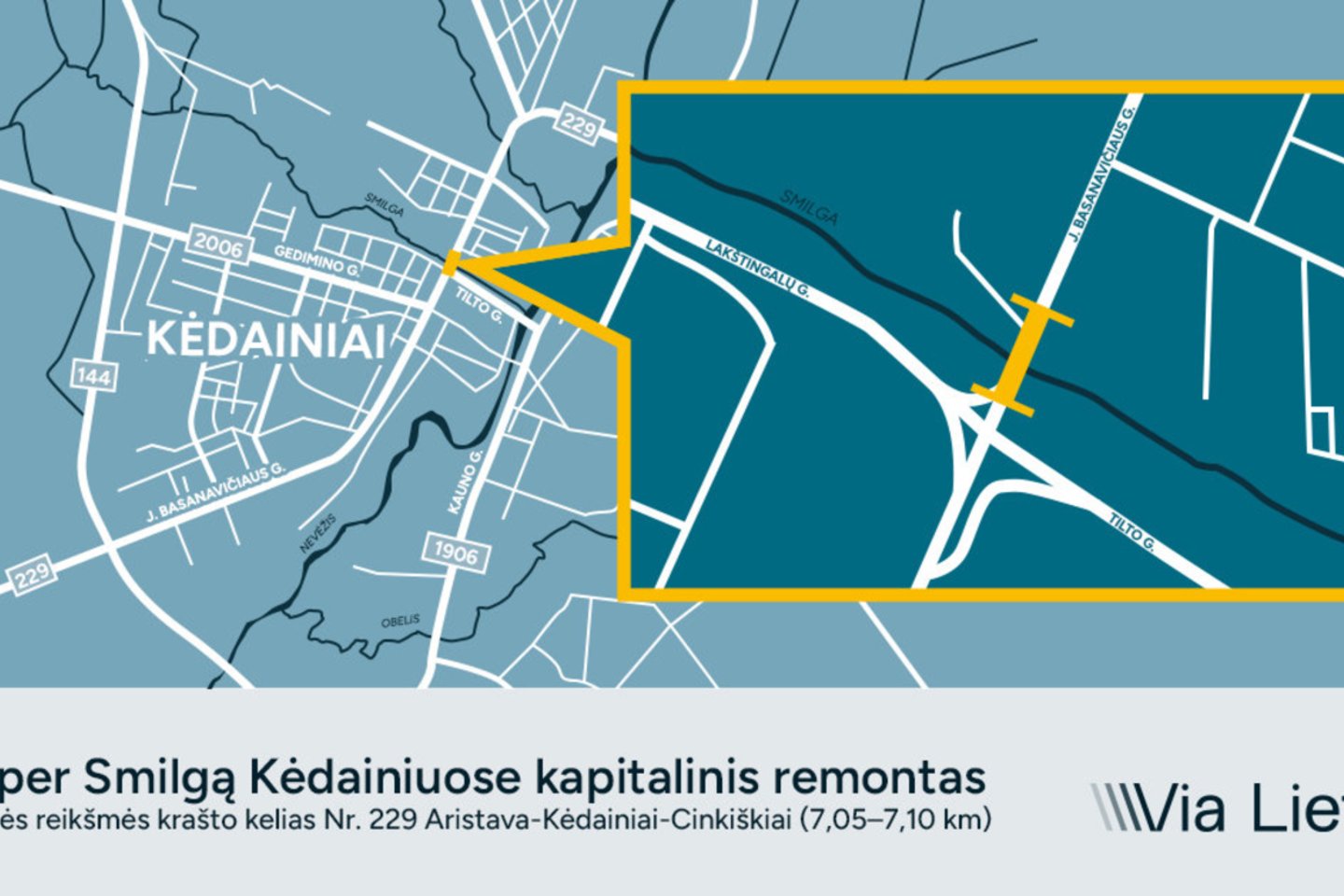 Kėdainiuose bus remontuojamas tiltas per Smilgos upę.<br>„Via Lietuva“ schema.