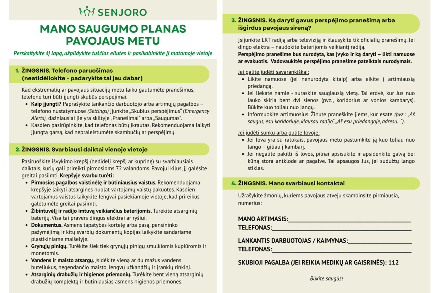 Atmintinė „Mano saugumo planas“, kurią darbuotojai senjorams padeda užpildyti ir pasikabinti matomoje vietoje jų namuose.<br>Pranešimo žiniasklaidai nuotr.