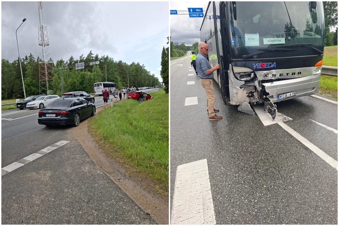Girtas latvis sukėlė avariją, per kurią apdaužytas Lietuvos įmonės autobusas, vežęs britų turistus