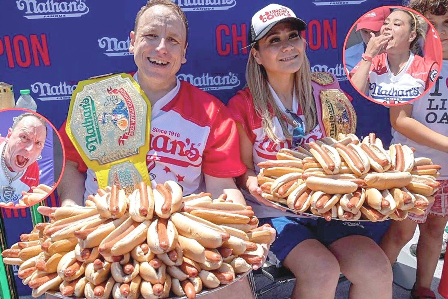 Tradiciniame dešrainių valgymo čempionate „Nathan’s Famous“ visus savo konkurentus vėl smarkiai pranoko amerikiečiai J.Chesnutas ir M.Sudo.<br>„Major League Eating“ nuotr.