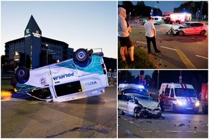 Po susidūrimo su BMW Vilniuje apvirto policijos automobilis, nukentėjo pareigūnai