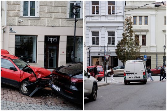 Avarija Vilniaus senamiestyje: automobilis trenkėsi į stulpą ir kitą mašiną, vairuotoją sulaikė ambasadą saugantis pareigūnas