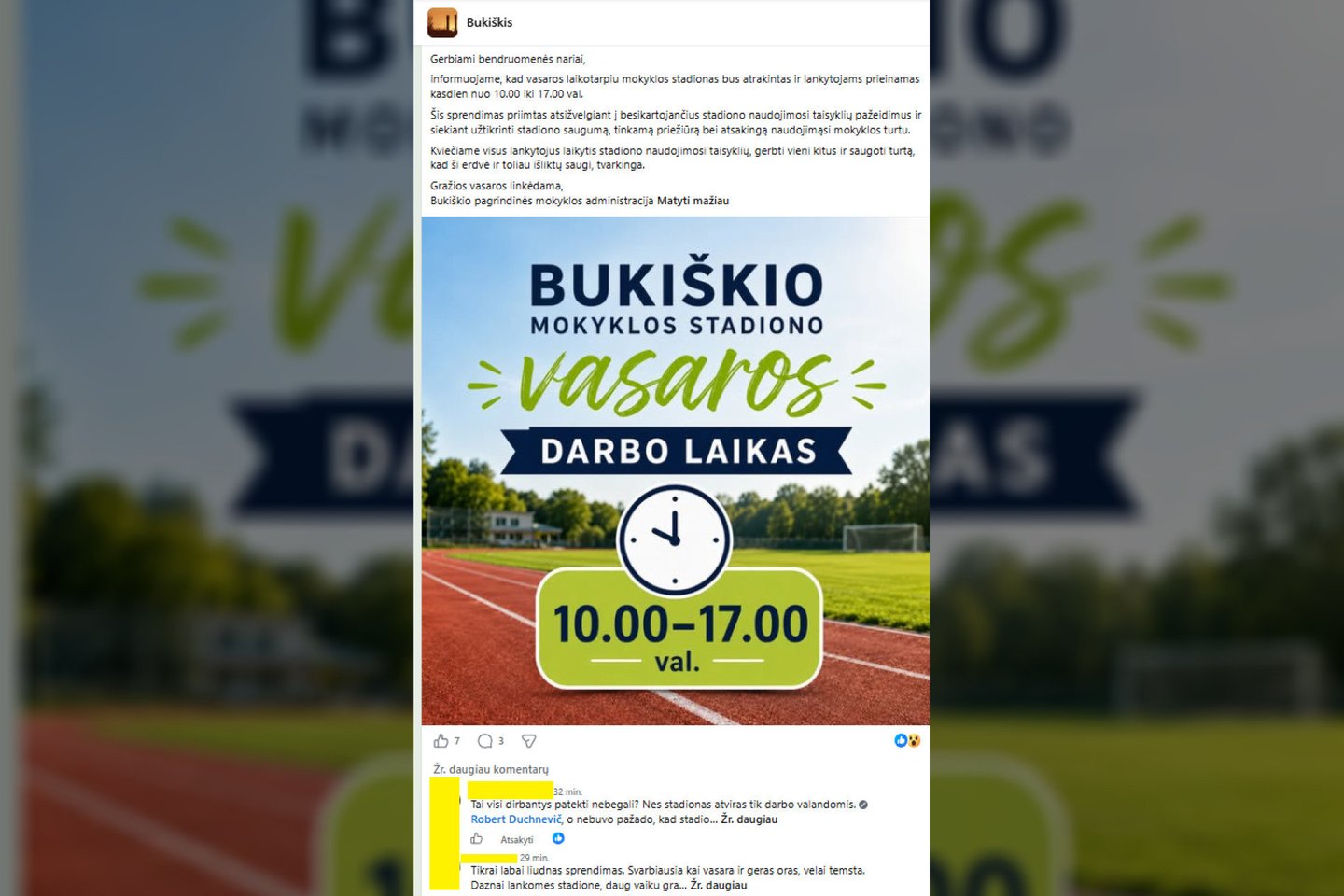 Vilniaus rajone esančio Bukiškio kaimo gyventojai pasipiktinę – iki šiol buvęs visiems prieinamas ir iš valstybės lėšų atnaujintas stadionas daliai vietinių esą tapo nebepasiekiamas.<br> Feisbuko nuotr.