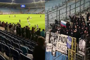 Šlykšti provokacija stadione: tribūnose – Rusijos vėliava, ukrainiečiai įniršo